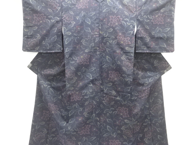 JAPANESE KIMONO / UNUSED / SILK / HAND WOVEN TSUMUGI / FLORAL ARABESQUE